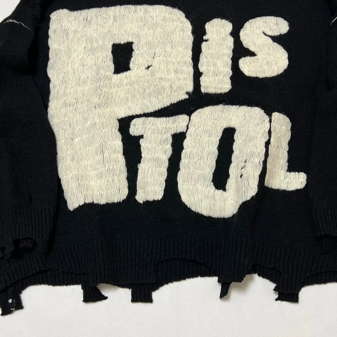 SAINT Mxxxxxx × Sex Pistols SP_CREW KNT/IAMA/BLK SEX PISTOLS band joint model destroyed hand-embroidered sweater, black S-XL, original 85% wool/15% polyester fiber blend, super complex front and rear panels, large-area hand-embroidery, hand-cut destruction treatment, custom-made correct joint main mark/wash mark